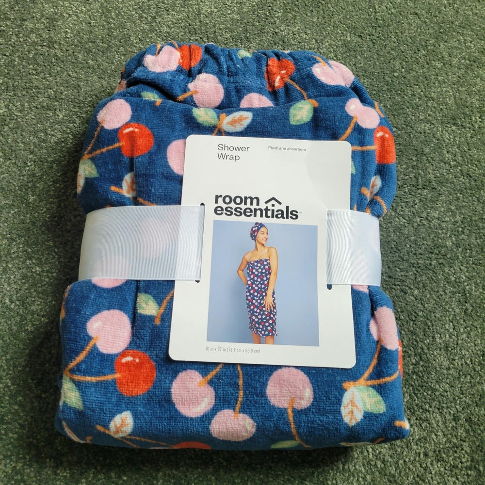 Room Essentials Blue Shower Wrap with Cherry Design